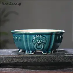 Chinese Style Yixing Purple Clay Flower Pot Ceramic Bonsai Pot Hexagonal Animal Pattern Japanese Style Cracked Flower Pot LE140