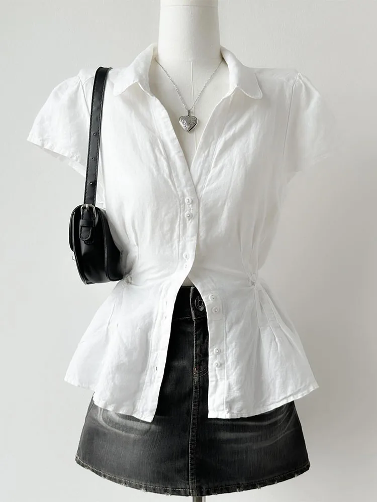 

Женская модная блузка Slim Fit в американском ретро-стиле, белая, с пуговицами, из смесового хлопка и полиэстера, с коротким рукавом, для повседневной носки