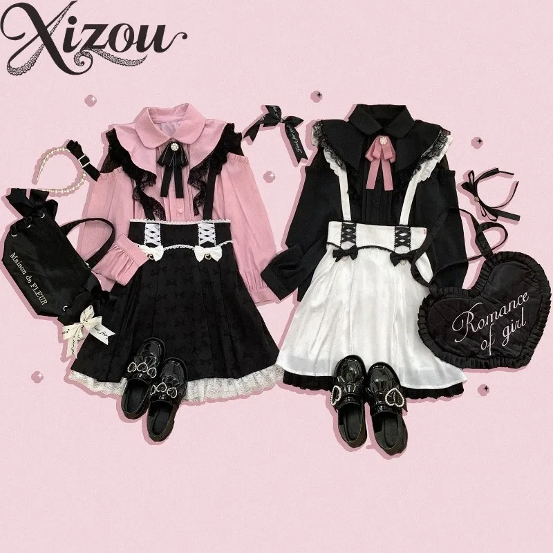 Lindo agradable arco encaje hueco fuera del hombro camisa Lolita Color sólido Casual Tops para Mujer primavera otoño Blusas de manga larga Mujer