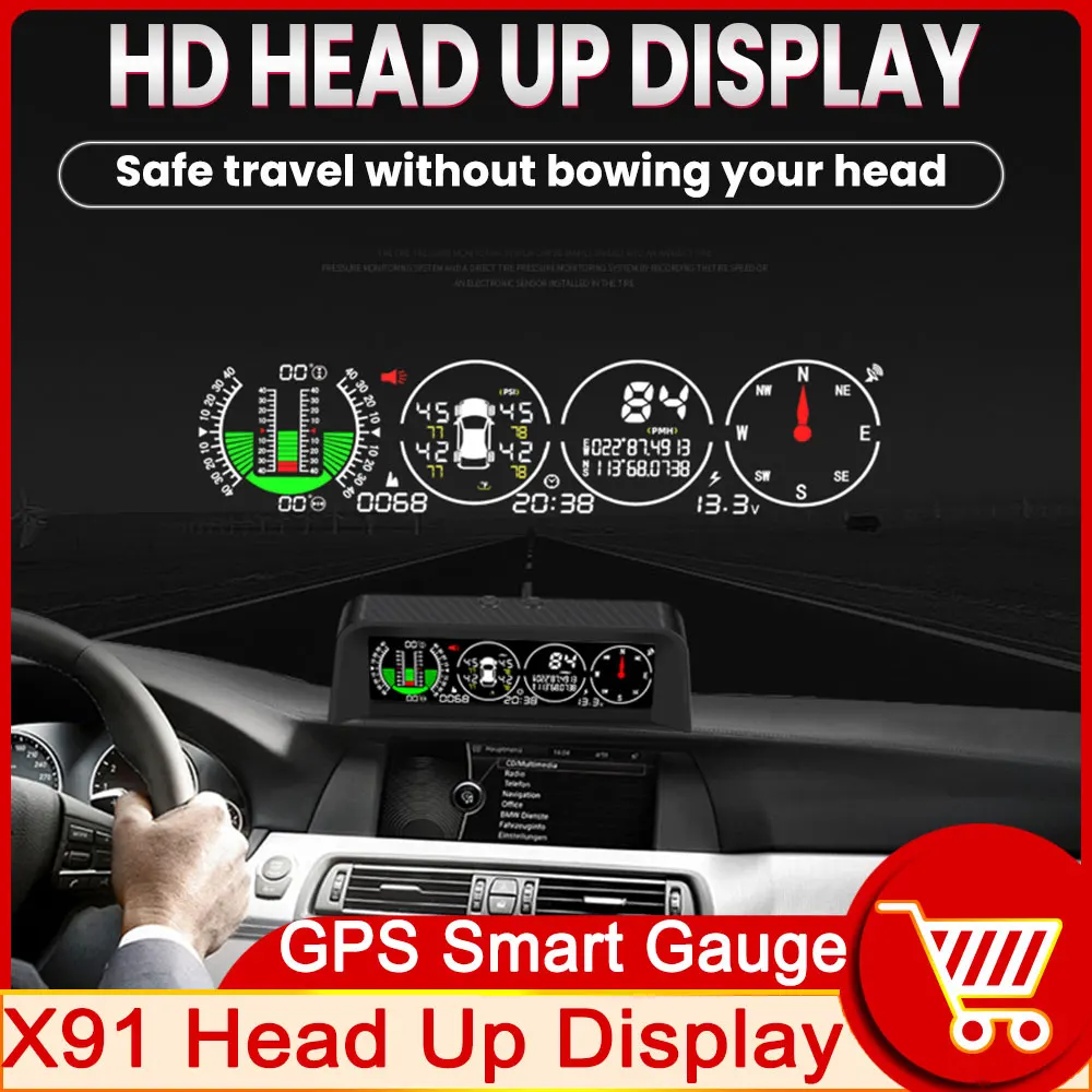 X91 4In1 GPS for HUD Car Tire Pressure Gauge Slope Meter Inclinometer Compass Latitude Longitude Head Up Display TPMS Voltage