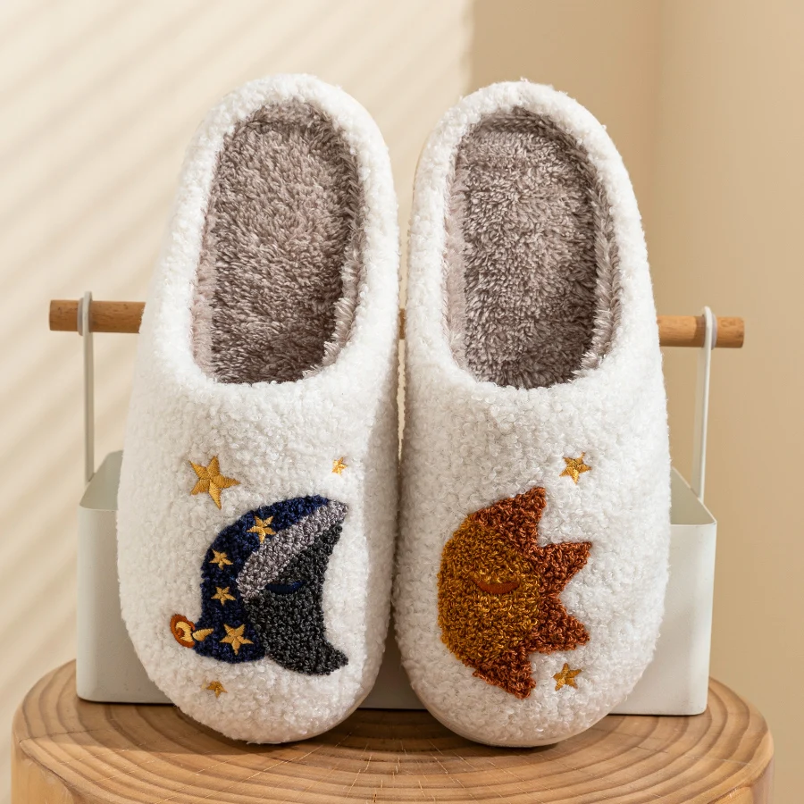Cute Moon and Stars Women's Winter Indoor Slippers Fuzzy Embroidery Bedroom Warm and Comfortable Couple Home Leisure Shoes