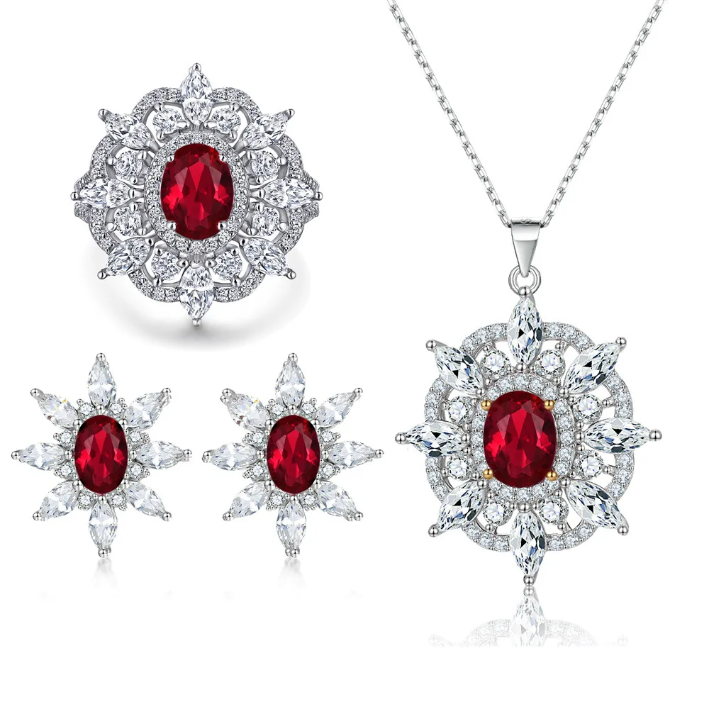 

Sunflower Earrings Colorful Treasure Ring 18K Gold PT950 Platinum S925 Silver 7-Layer Electroplated Ruby Necklace Fashion Set