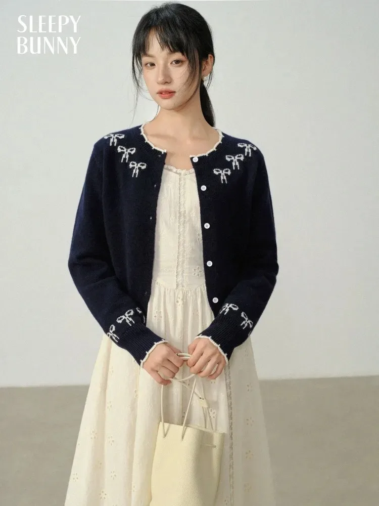 Wool Knit Cardigan Women Contrast Bow Embroidery Sweater Autumn Short Slim Fit Round Neck Outerwear Jacket for Casual Layering