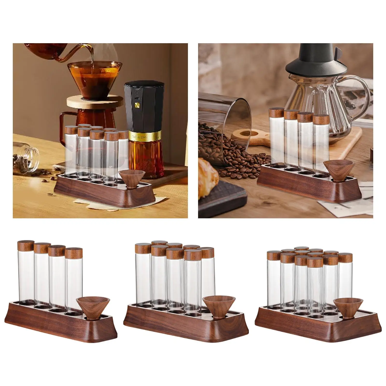 Multifunctional Glass Test Tube Storage Jar with Wooden Rack for Coffee Beans Tea Dried Fruits Airtight Sealed Lid
