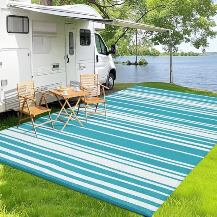 

Outdoor Rug 9 ft x 18 ft for patio, deck, porch, balcony, picnic, beach, RV, camper; waterproof plastic straw; light blue; dura
