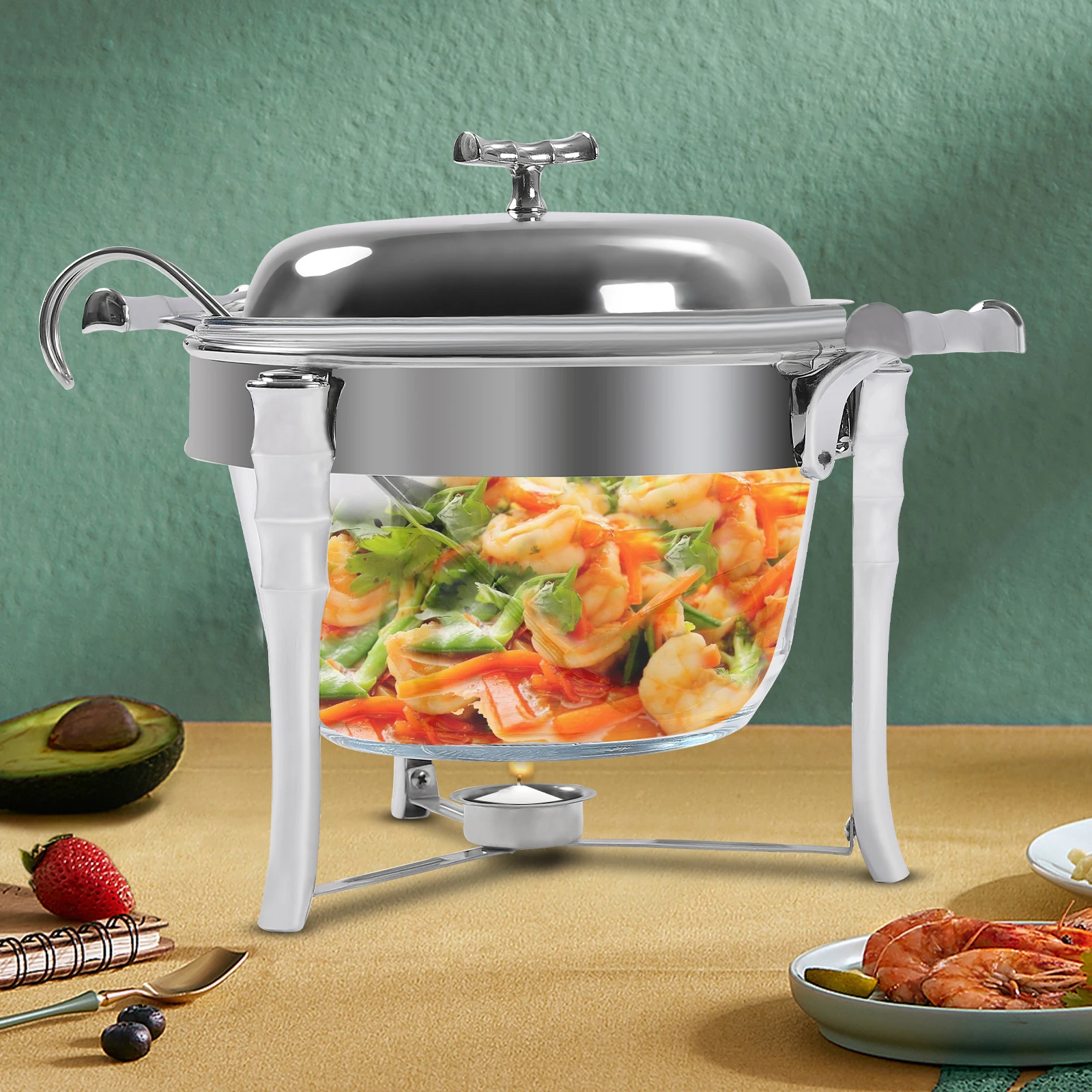 

4Qt Stainless Steel Dining Stove Chafing Dish Buffet Set Food Warmer w/Three-Legged Support Frame & Dust-Proof Lid & Soup Ladle