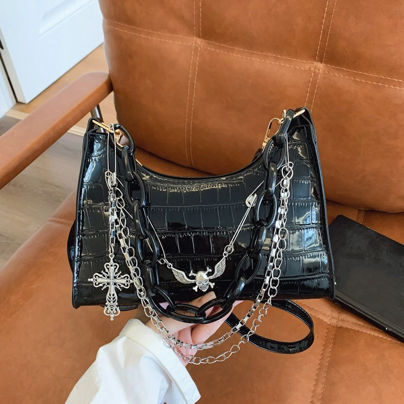 

Cool Hot Girls Underarm Bags Purse Retro Punk Style Women Shoulder Handbags Chain Pu Leather Ladies Phone Crossbody Bag