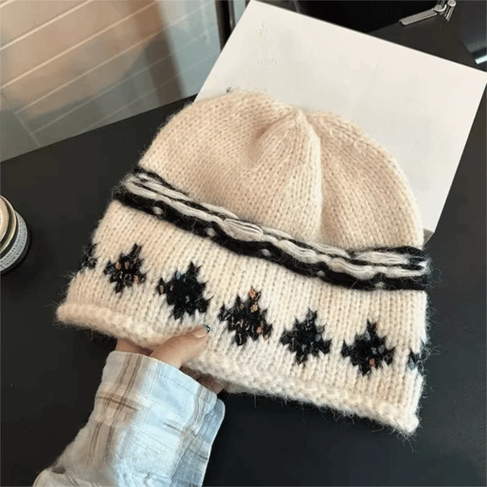 Modna czapka beanie z żakardowym wzorem w stylu retro, ciepła czapka dziergana, koreańska czapka w stylu Fair Isle, zimowa czapka na zimno, jesień