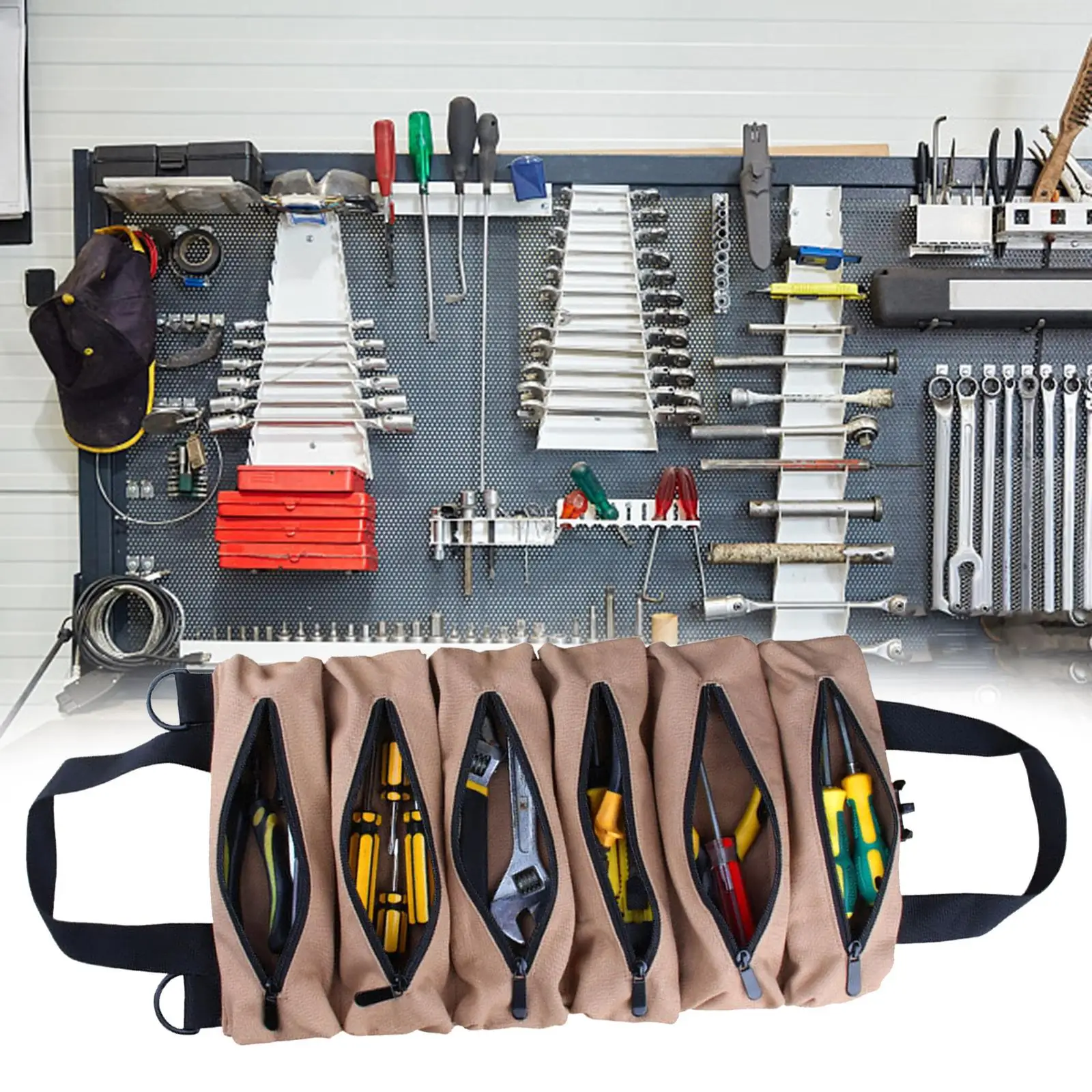 6つのジッパーポケット付きロールアップツールバッグ、折りたたみ式バケツ、吊り下げ式ツールジッパーキャリアトート、キャンバスレンチツールポーチ（大工用）