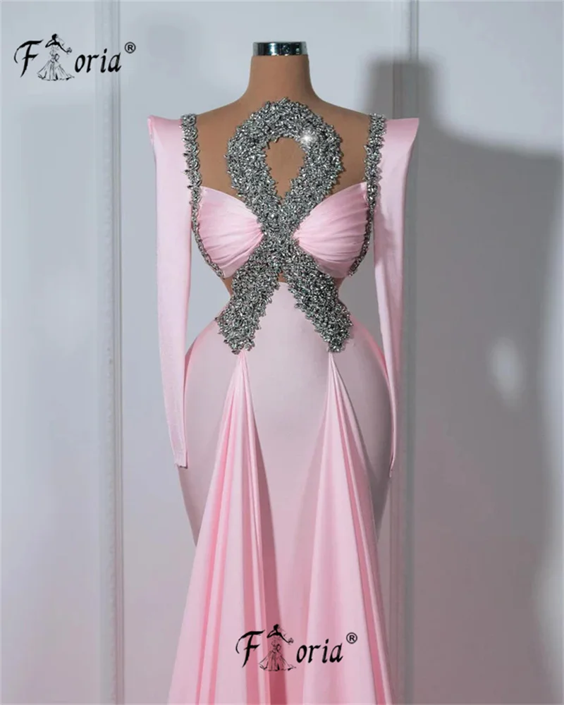 Elegante rosa grandes cristais sereia vestido de festa à noite mangas compridas brilhante miçangas varredura trem formal ocasião vestido celebridade