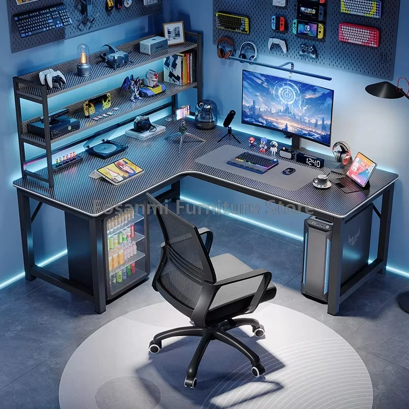 L-Shaped Computer Desk and Chair Set Modern Home Office Furniture with Shelf Gaming Work Desk Chair Set Corner PC Table for Room