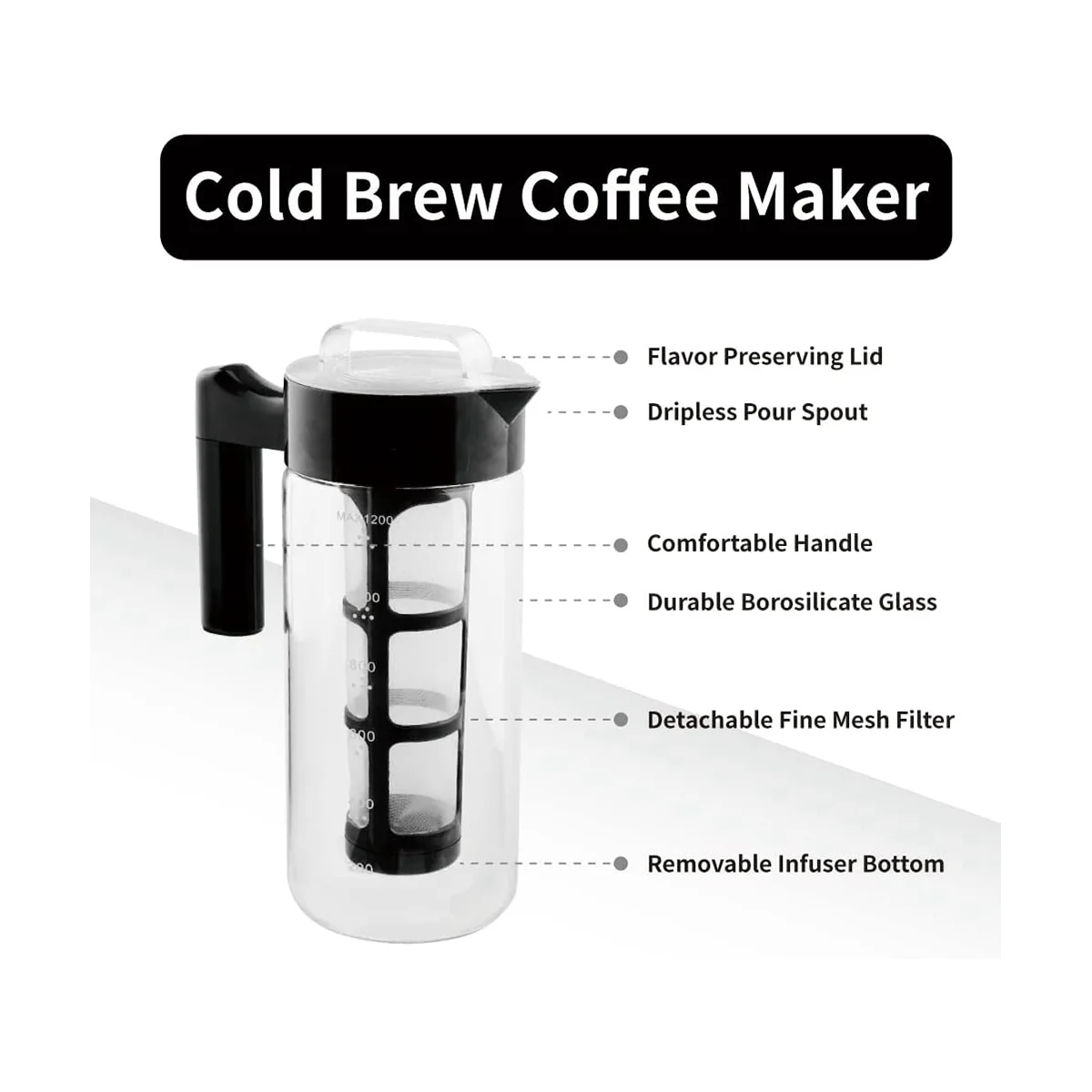 Caffettiera a freddo, caffettiera ghiacciata in vetro e infusore per tè con brocca a prova di perdite con filtro a rete