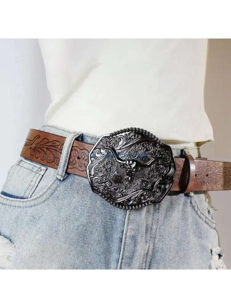 X7XB 1x Engraved Waist Belt Floral Buckle Embossed Belt Cowboy Cowgirl Classical Belt