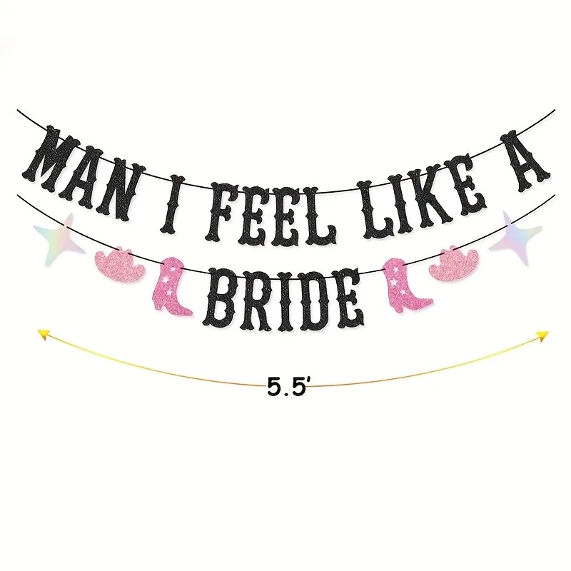 "Man I Feel Like A Bride" Black Glitter Banner, Western Cowgirl Bachelorette Garland with Pink Cowboy Boots & Hats view 4