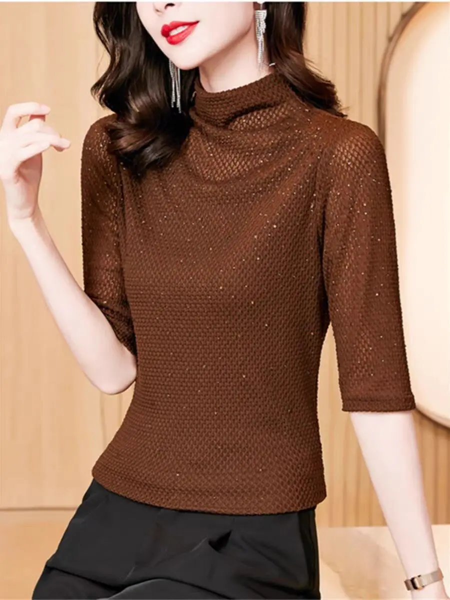 

Spring Summer Charming Solid All match T Shirts Diamond Set Women Classic Half Sleeve Tops Turtleneck Silm Female Mesh M-3XL