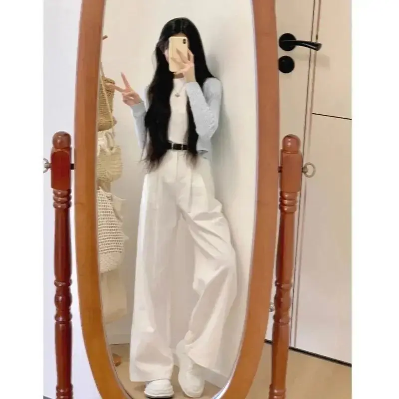 

White Pleated Wide-leg Jeans Women's Spring New High-waisted Thin Drape Lazy Straight Pants