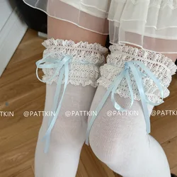 Autumn Handmade Ribbon Bow Lace Cotton Socks Lolita Girls High Tube Cute Women's Socks Over Knee Breathable Sweet Socks