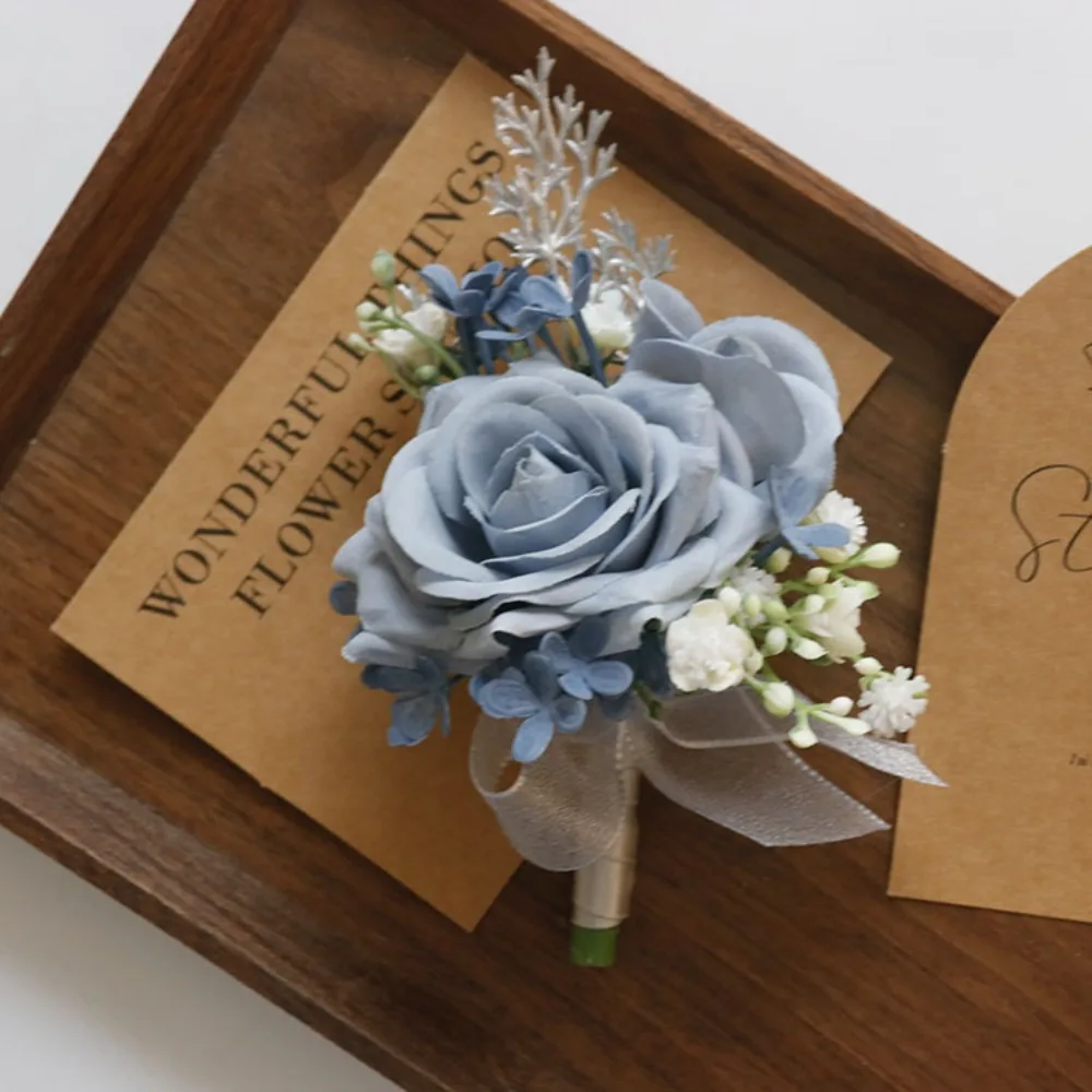 Korsase Pergelangan Tangan Pita Pernikahan Biru Boutonnière Fleur Artificielle Mariage Pengantin Pria Fiori Da Polso