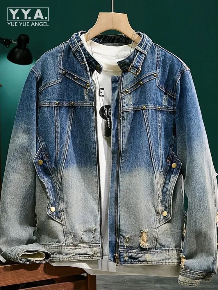 

Retro Men Office New Autumn Winter Fashion Rivets Designer Gradient Color Stand Collar Denim Jacket Loose Fit Casual Cowboy Coat