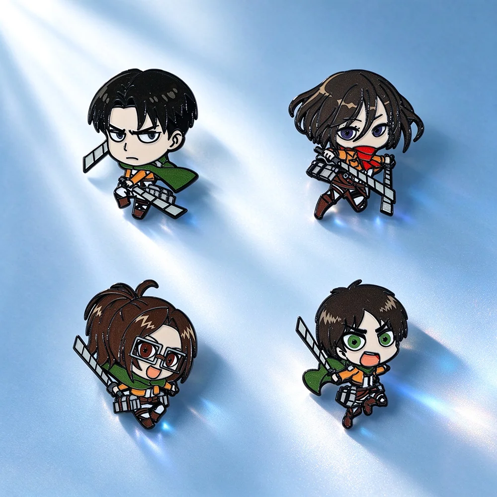 4Pcs Anime Inspired Enamel Pins Set, Cute Chibi Scout Character Metal Brooches, Eren Levi Mikasa Hange Cartoon Figure Badge