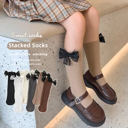 1Pair Baby Girls Knee High Socks Black White Bow Decor Korean Style Lolita Princess Kids Baby Lace Long Tube Socks For 1-8 Years