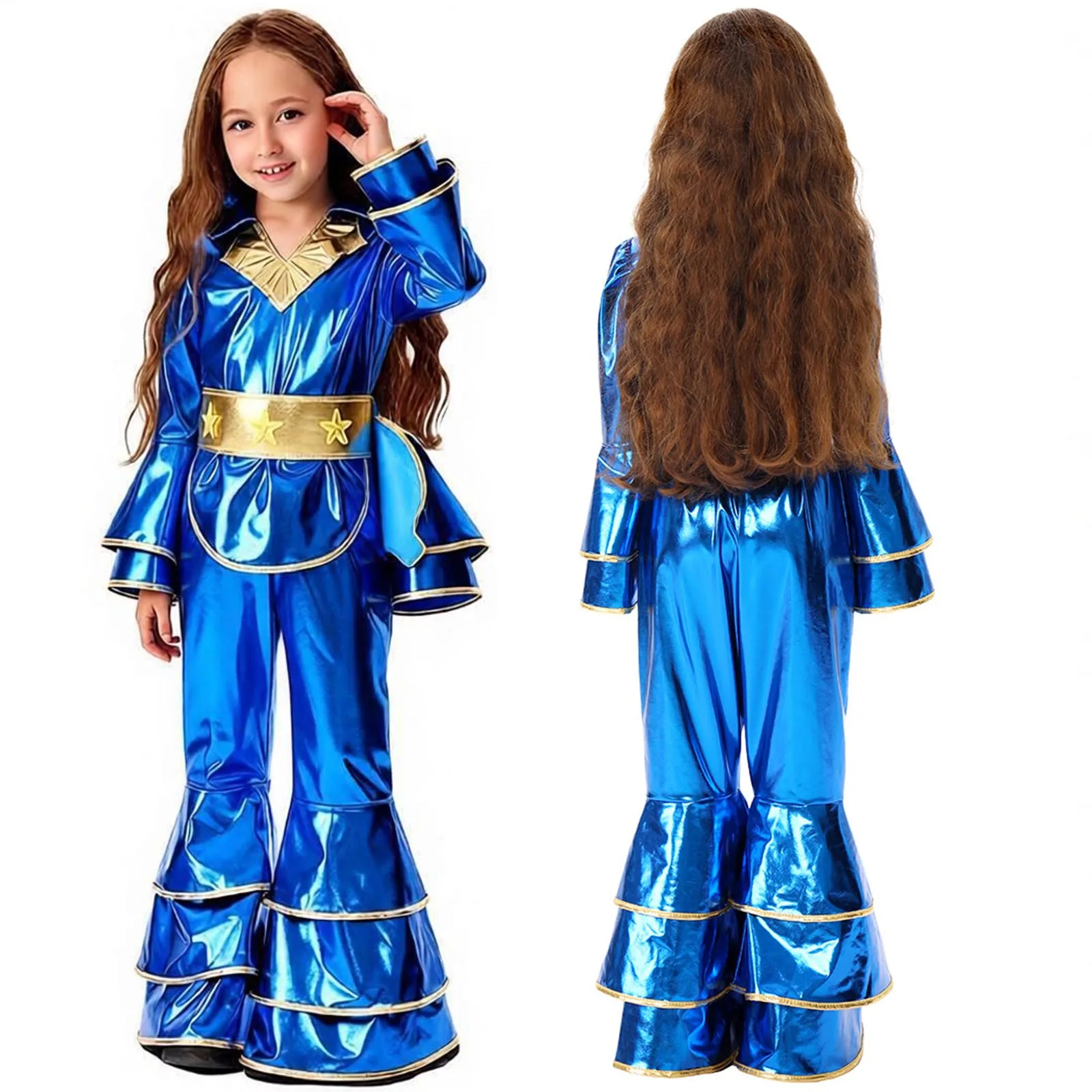 Kinder Mädchen Hip-Hop Tanzkleidung Outfits Glänzendes Blaues Disco-Kostüm 70er 80er Hippie Blaues Glockenärmel-Oberteil Schlaghose Halloween-Outfit