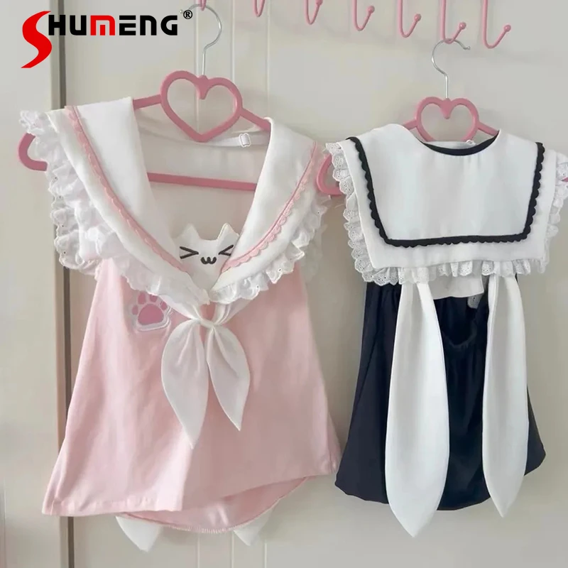 

Summer Japanese Rojita Soft Girl Cute Cat Lace Stitching Sailor Collar Vest Kawaii Clothes Student Sleeveless T-shirt Top Female