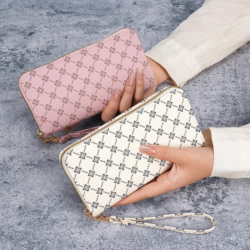 Classic Lattice Print Long Zip Around Wallet with Matching Wrist Strap, Durable Faux Leather Ladies Clutch Purse, Daily Shopping