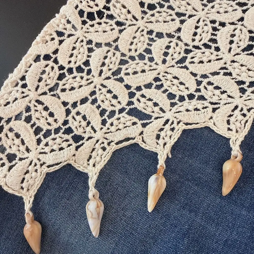 

Bohemian Tassel Knitted Triangle Scarf Exotic Countryside Style Hollow Out Lace Shawl Korean Style Cape Fart Curtain Summer