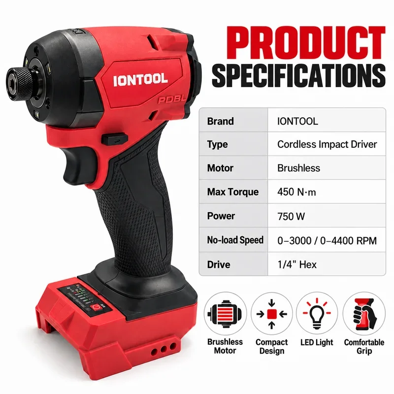 IONTOOL 450N 1/4 Inch Hex Drive Cordless Impact Driver Dual Speed Red Body for Timber Fastening and Equipment Repair Bare Tool