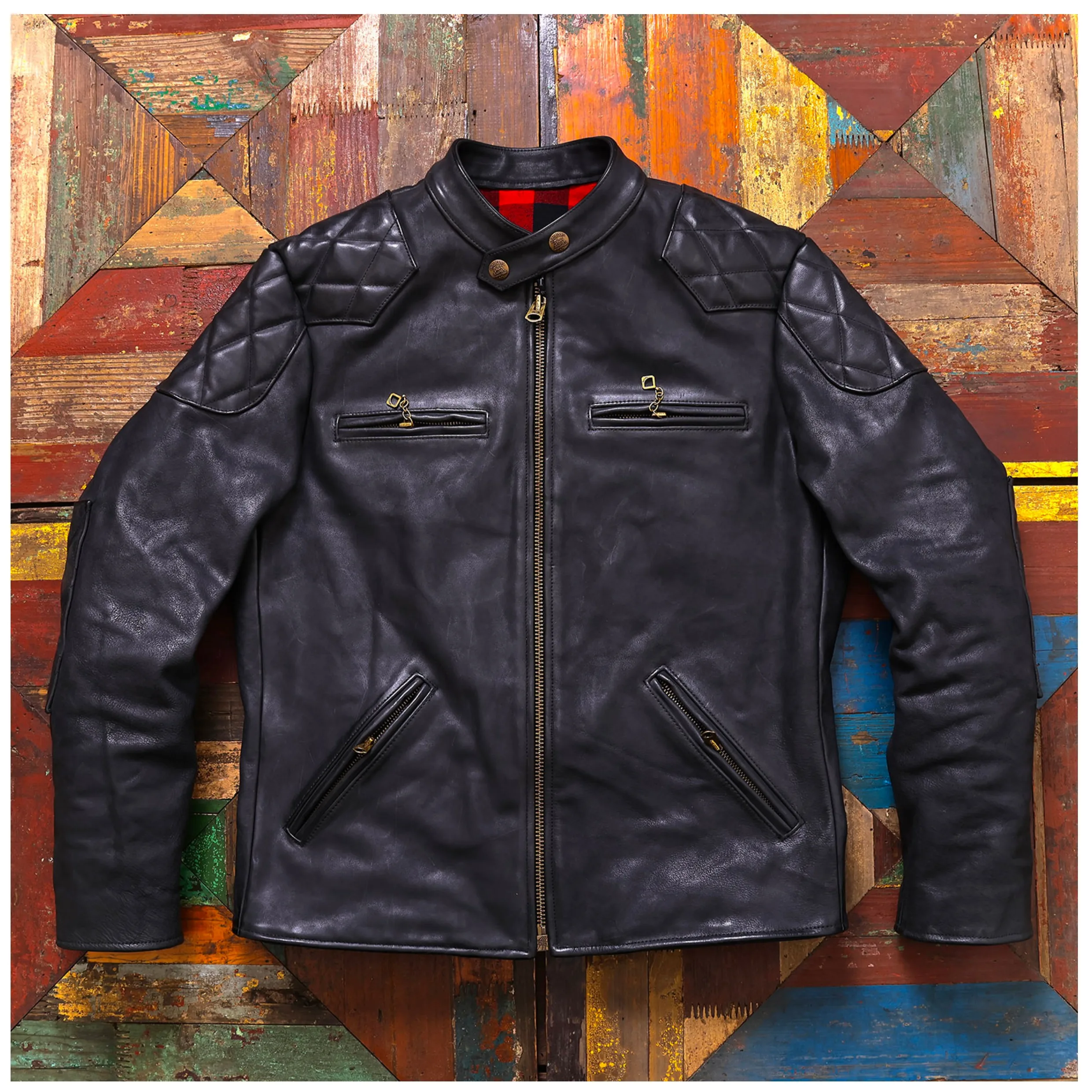 Tailor Brando Uncoated Brushed Wash Cowhide Men's Stand Collar Genuine Leather Biker Jacket