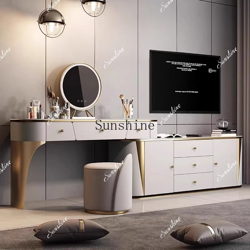 Light luxury multi-functional bedside desk TV cabinet integrated dresser bedroom solid wood rock slab  FT