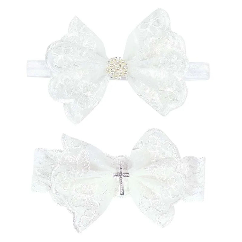 

Baby Girls Baptism Headbands White Bowknots Hair Bands Newborn Photography Props 0-3Y Princess Party Headwear 1st Accessories