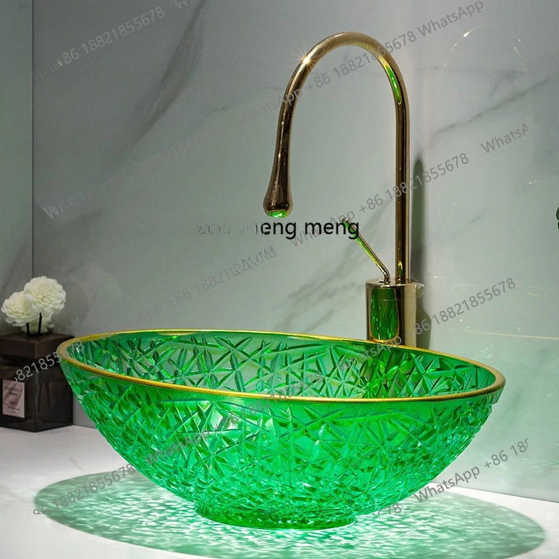 

Household crystal glass oval table wash basin Household small apartment face wash art basin