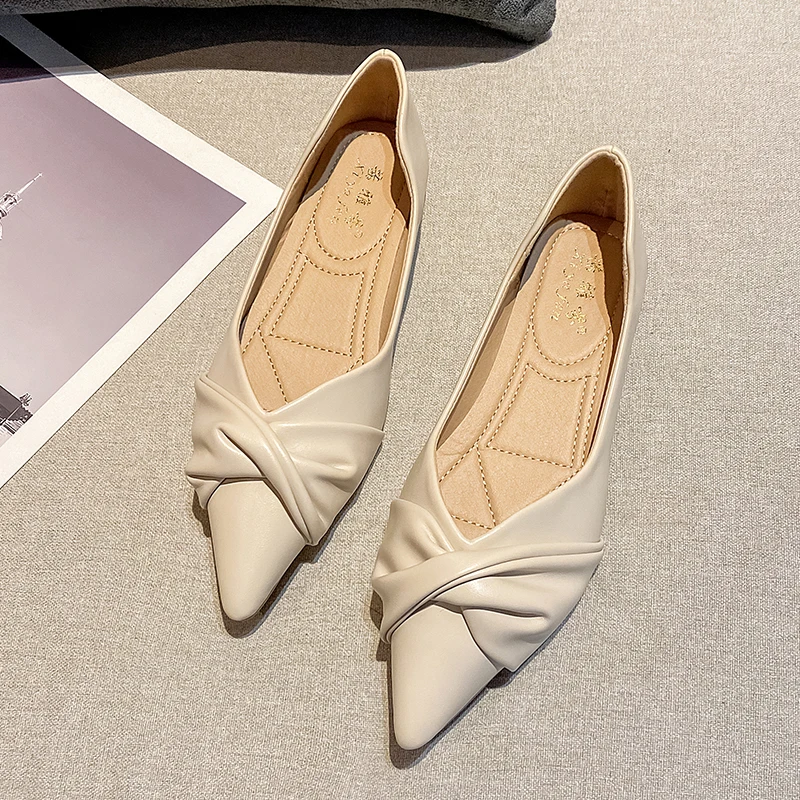 Pointed Shoes Women\'s Summer Soft Sole 2022 New Women\'s Shoes Shallow Mouth Scoop Shoes Flat Heel Solid Color Leather Flats