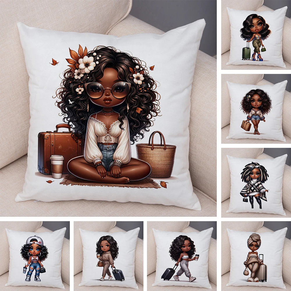 Fashion Cartoon African Girl Pillow Case Soft Plush Cushion Cover for Sofa Home Decor Cute Black Women Throw Pillowcase