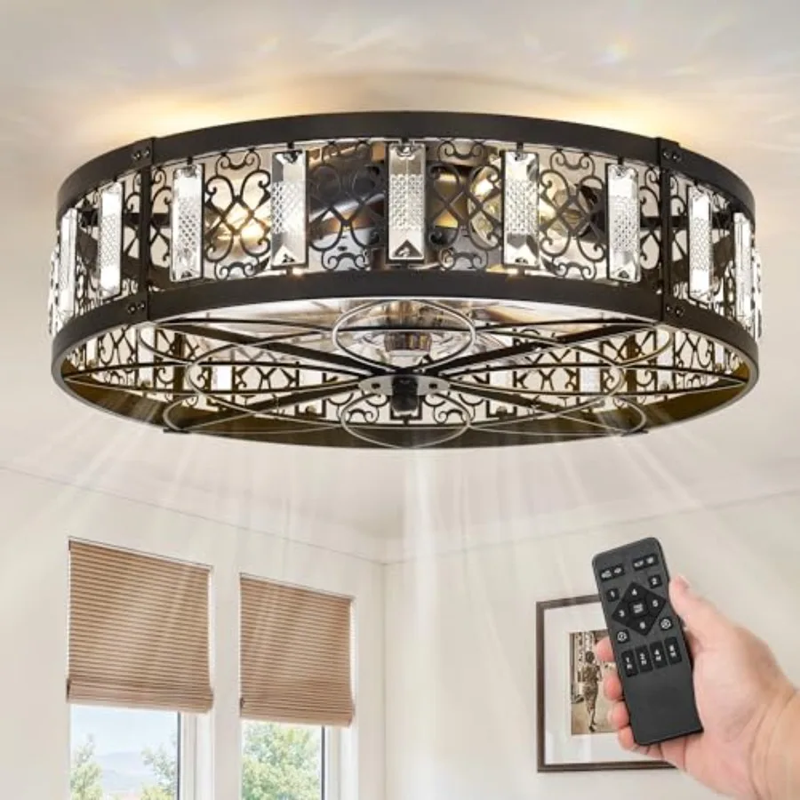 

20 Caged Ceiling Fan with Light for Bedroom/Kitchen, Black Metal Vintage Rustic Fandelier, Low Profile Flush Mount Farmhouse Cr