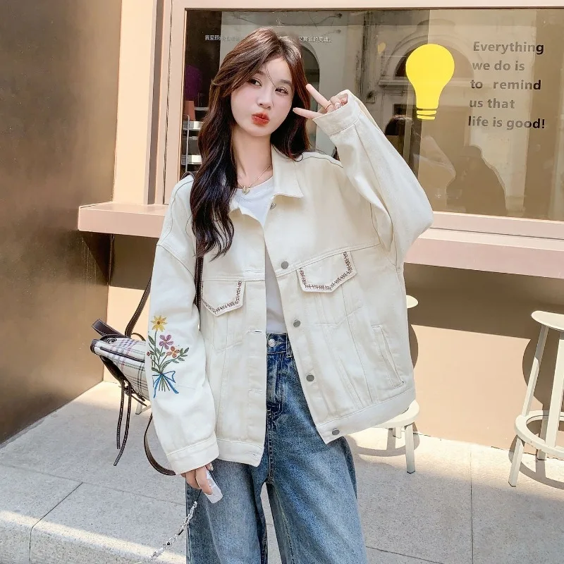 Small Fresh Women's Embroidered Denim Jacket Spring and Autumn Loose Casual Locomotive Jacket Sweet Beauty Tooling Basic Jacket