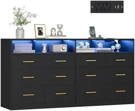 Custos Collection - Dresser for Bedroom, with LED Lights and Power Strip, Chest of Drawers, Modern, TV Stand for Living