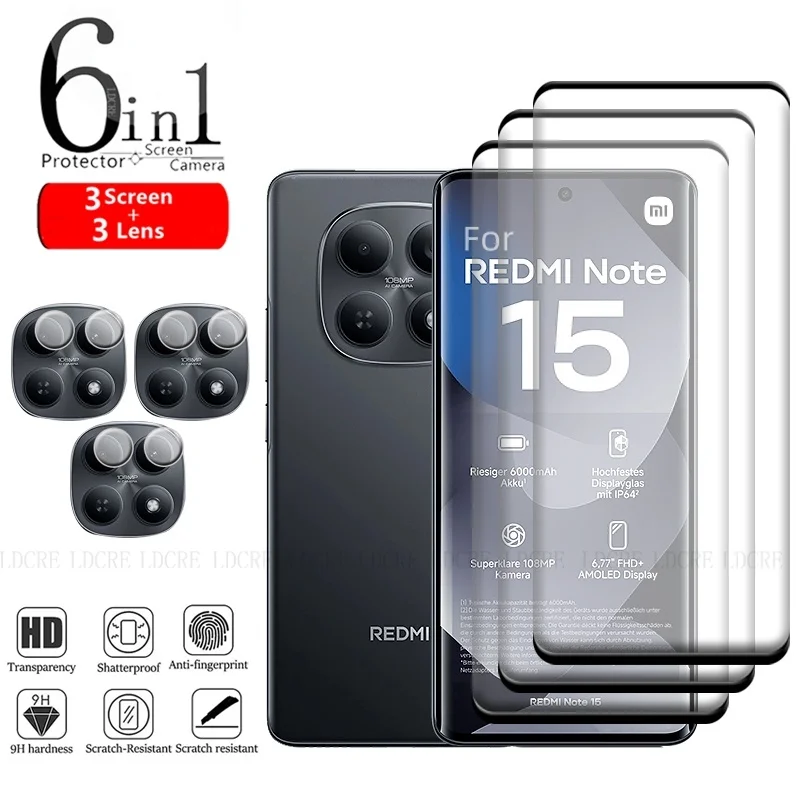 6 en 1 pour Redmi Note 15 4G verre Xiaomi Redmi Note 15 4G verre trempé 9H protecteur d'écran incurvé Redmi Note 15 4G verre d'objectif