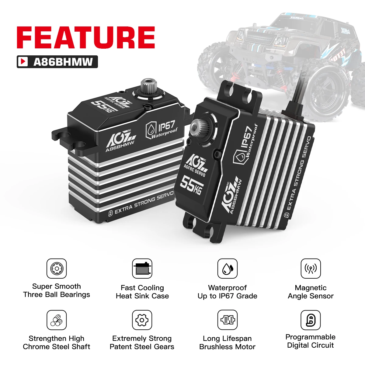 AGFRC-A86BHMW Alto Torque Magnético Impermeável IP67 Brushless Digital RC Servo, Barco De Esteira De Carro RC, A81BHMW, A81BHMW, 55KG, 45KG