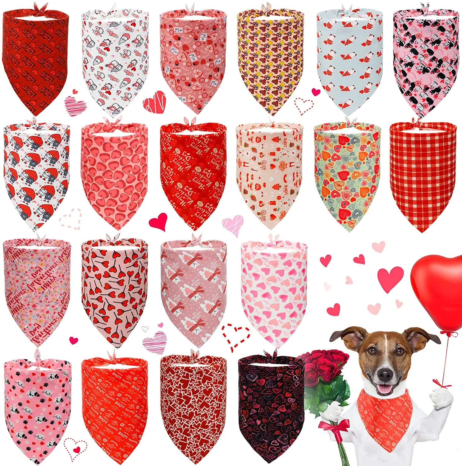 20 Packs Valentine's Day Dog Bandanas Heart Plaid Triangle Bibs Scarf  Adjustable Neckerchief Scarf Bandana For Dogs Cats Pet