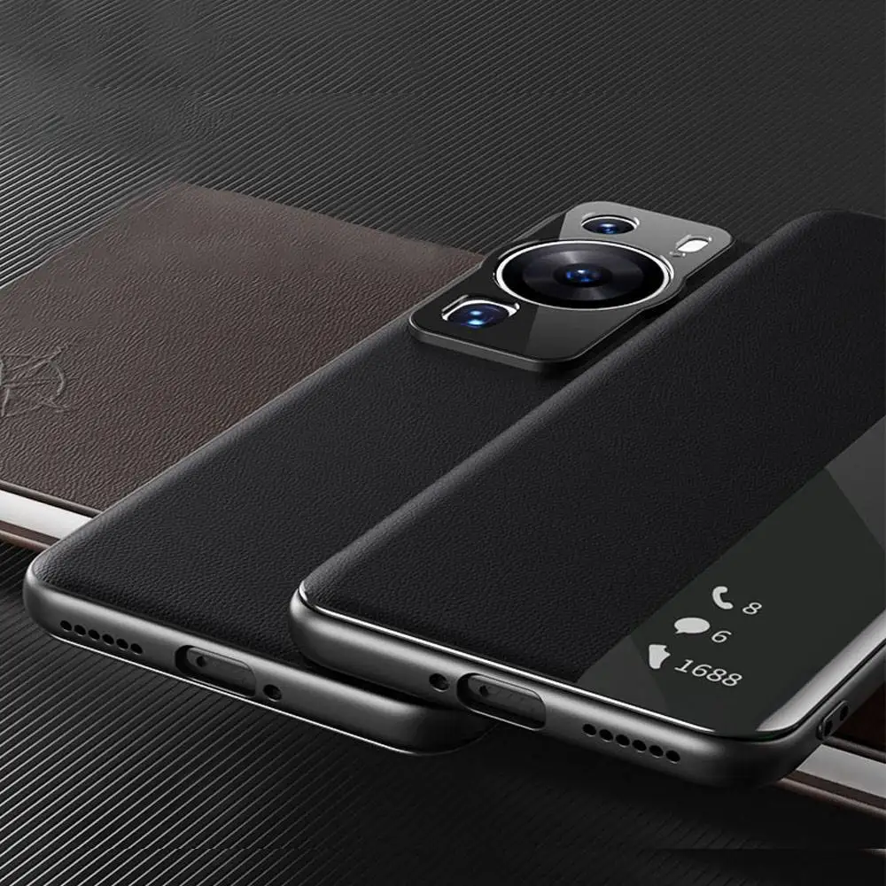 Genuine Leather Case For Huawei P60 Pro Case Intelligent Window View Coque For Huawei P60 Art Cover Cow Leather Phone Protector