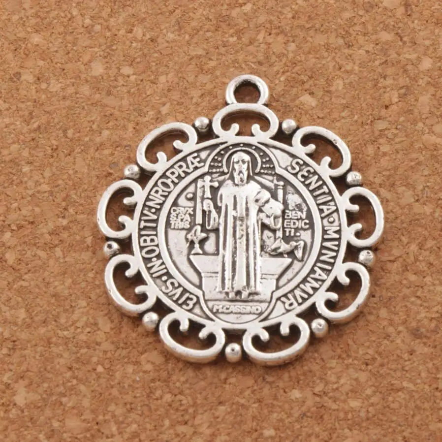 6pcs Flower Saint Benedict Charms Exorcism Medal Michael The Protector Beads Antique Silver/Gold/Bronze 33mm Pendant L1763