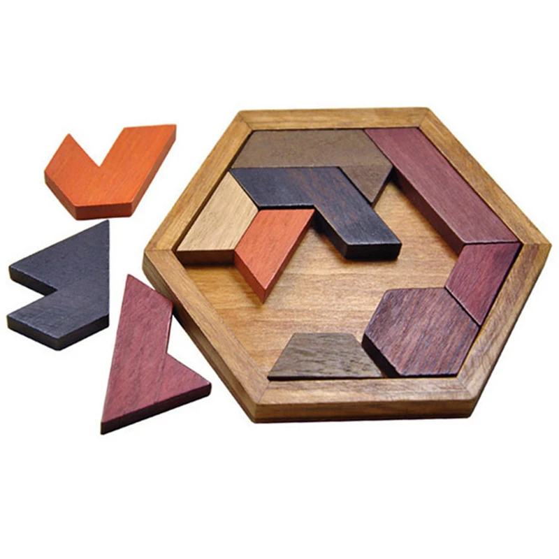 Hexagon Tangram Puzzle Wooden Brain Teasers for Adults And Kids IQ Test Challenge Logic Games Rompecabezas De Madera