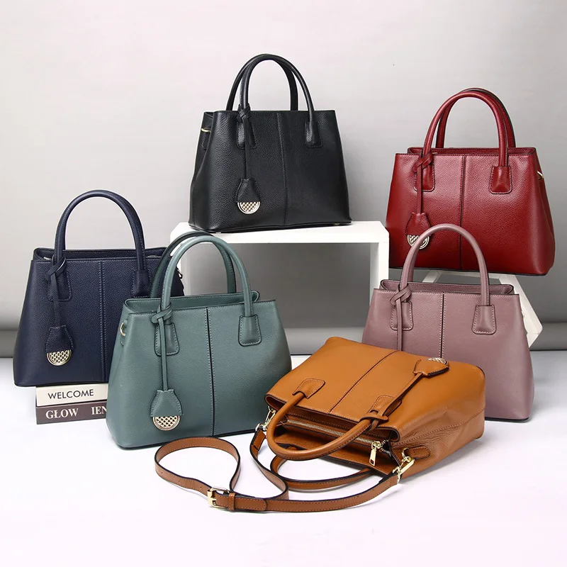 2023 New Women Genuine Leather Handbag Moms Large Capacity Tote Shoulder Bag For Female Solid Color Lady Crossbody Messenger