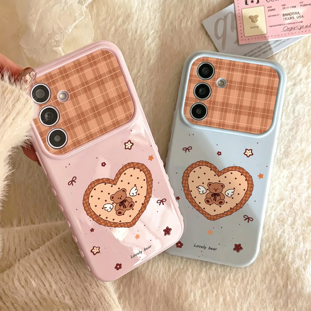 Phone Case for Samsung Galaxy A56 A55 A54 A37 A36 A35 A17 5G A16 A15 A07 A06 4G Cases Plaid View Window Heart Angel Bear Style