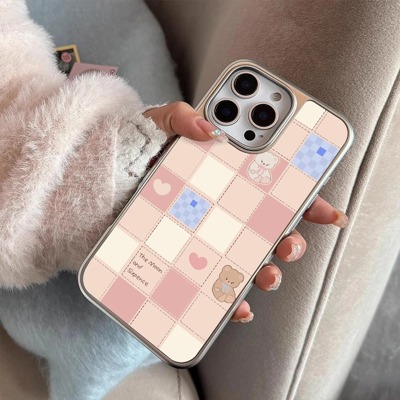 한국 스타일 만화 체크무늬 곰 프로스트 백보드 실버 테두리 충격 방지 폰 케이스 아이폰 17 16 15 14 프로 맥스용