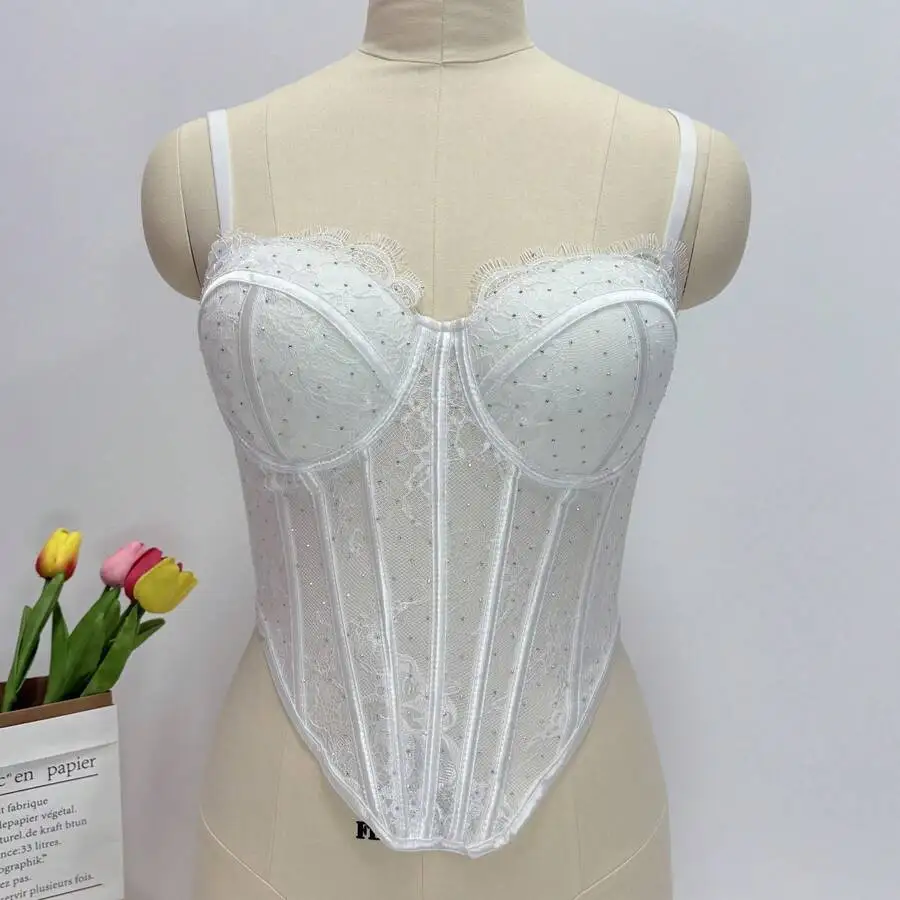 White Lace Rhinestone Corset Top With Integrated Shapewear And Structured Boning