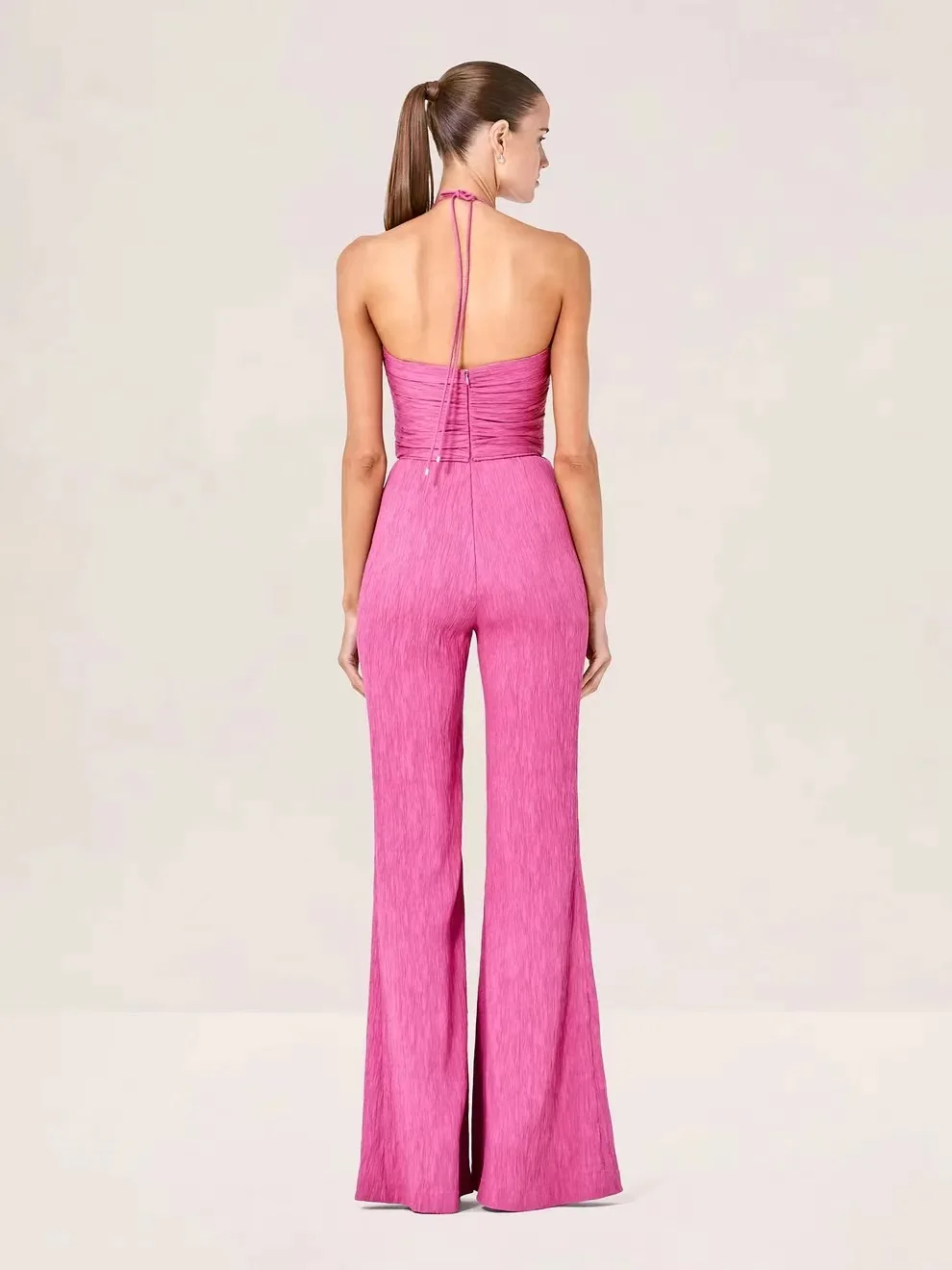 Women Sexy Strapless Jumpsuits Lace-up Halter Neck High Waist Wide Leg Long Jumpsuits